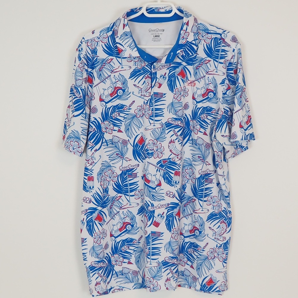 Good Good Aloha Americana Golf Polo Mens L White Blue Tropical Golf Cart Floral